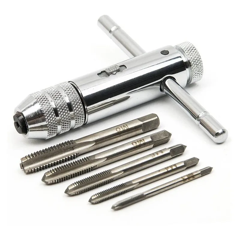 Verstellbarer silberner Ratschen-Wasserhahnhalter mit T-Griff für M3-M8 3 mm-8 mm Maschinengewinde, metrischer Stecker, T-förmiger Gewindebohrer