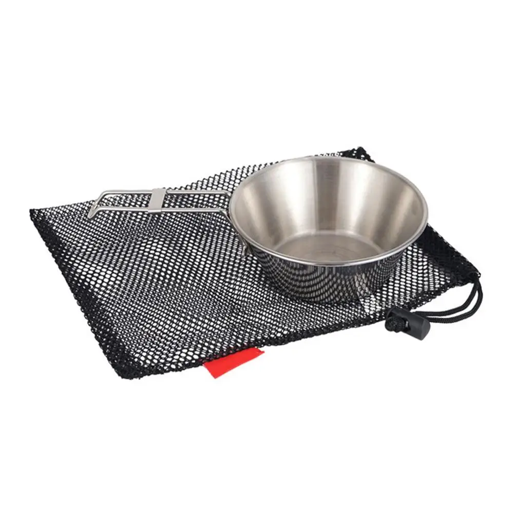 550ml Folding Handle Stainless Steel Bowl Outdoor Pinic Sierra Cup Bowl With Mesh Travel Bag Camping Tableware Cooking Bowls