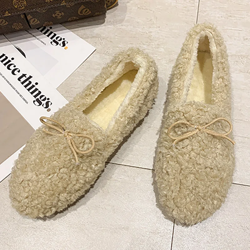 Winter Women Flat Shoes Indoor Plush Cotton Shoes Comzy Fluffy Slippers Women Warm Fur Loafers Ladies Slip On Shallow Boat Shoes