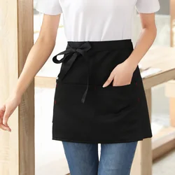 Short Waist Half-length Apron Black Women Waitress Antifouling Work Coffee Tea Shop Cafe Cooking Kitchen Men Aprons With Pockets