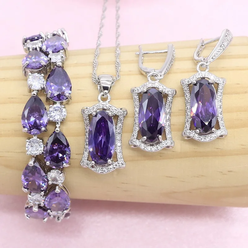 Bride Jewelry Sets For Women Elegant Purple Cubic Zirconia Silver Color Earrings Bracelet Necklace Pendant Ring Christmas Gift