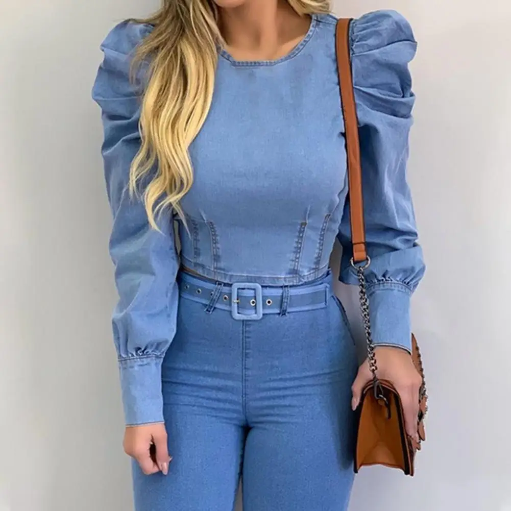 Women Blouse Puff Sleeve Solid Color Spring Autumn Sexy Long-Sleeved Imitation Denim Shirt for Party