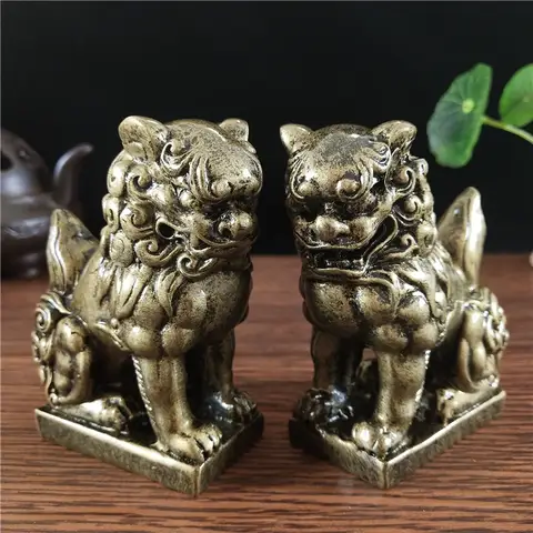 2Pcs Chinese Lions Dragon Statue Sculpture Feng Shui Home Garden Decoration Fu Foo Dogs Statue Figurines Bronze Ornament