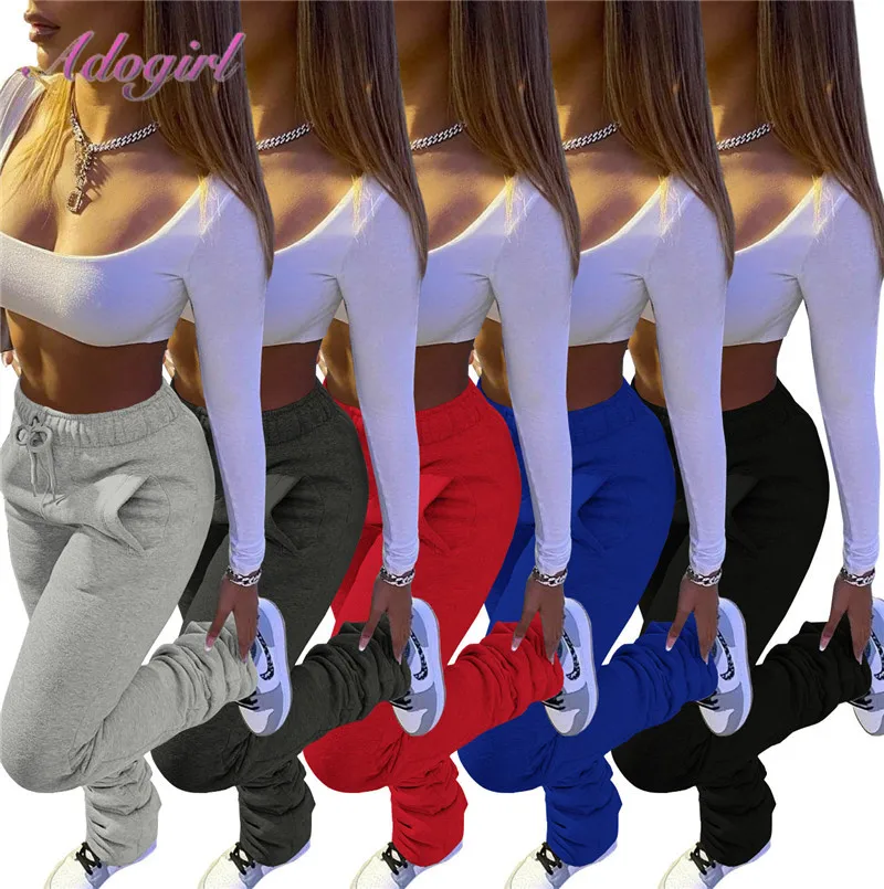 Stacked Pants Women Solid High Waist Drawstring Bell Bottom Flare Pleated Pants Casual Active Leggings Thick Sweatpants Trousers