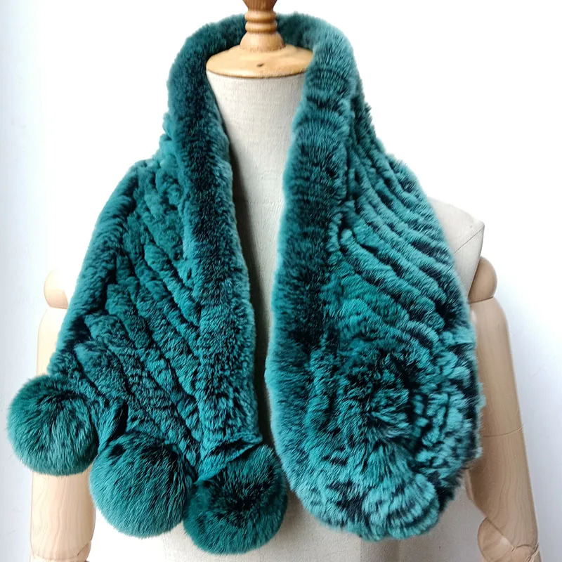 Women Winter Fashion Real Rex Rabbit Fur Scarf Soft Female Natural Fur Scarves Blue Warm Neck Warmer  Femme