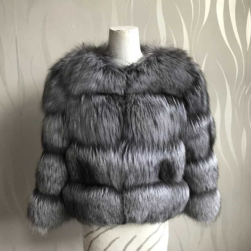 Winter Women Real Natural Raccoon Silver Fox Fur Short Detachable Sleeve Coat Vest