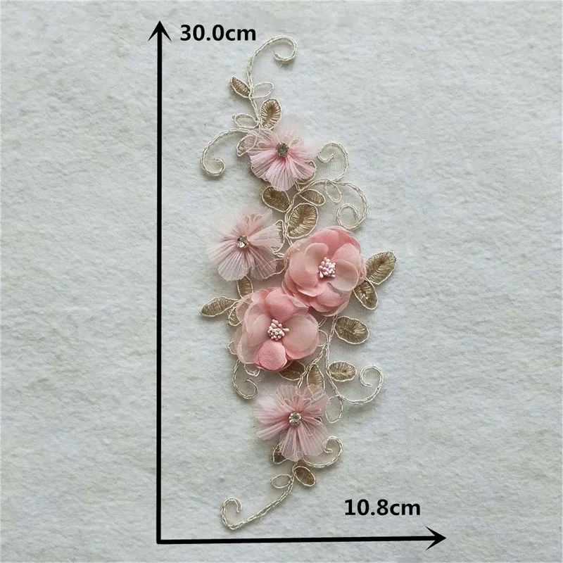 Pink 3D flower Laces collar Embroidery Rhinestone top lace Application Lace sewing fabric Clothing Needlework Accessories