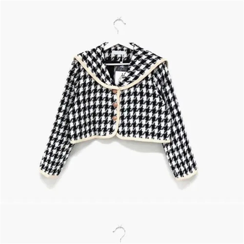 Vintage Houndstooth 2pcs Set Women Navy Collar Tweed Mini Bodycon Skirt Suit Lady Elegant Cropped Jacket Plaid Set Knitted Korea