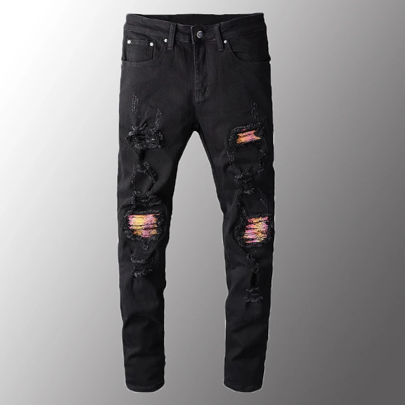 

New Men Jeans Luxury Men's Pink Bandanna Patchwork Biker Jeans Black Stretch Denim Holes Ripped Skinny Pants Plus Size 40