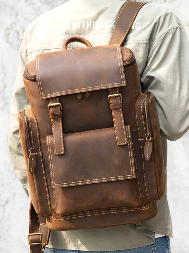 Vintage Urban Luxury Genuine Leather Men's Waterproof Backpacks Large Capacity 15 Inch Laptop Bag Fashion Travel Sports Bags