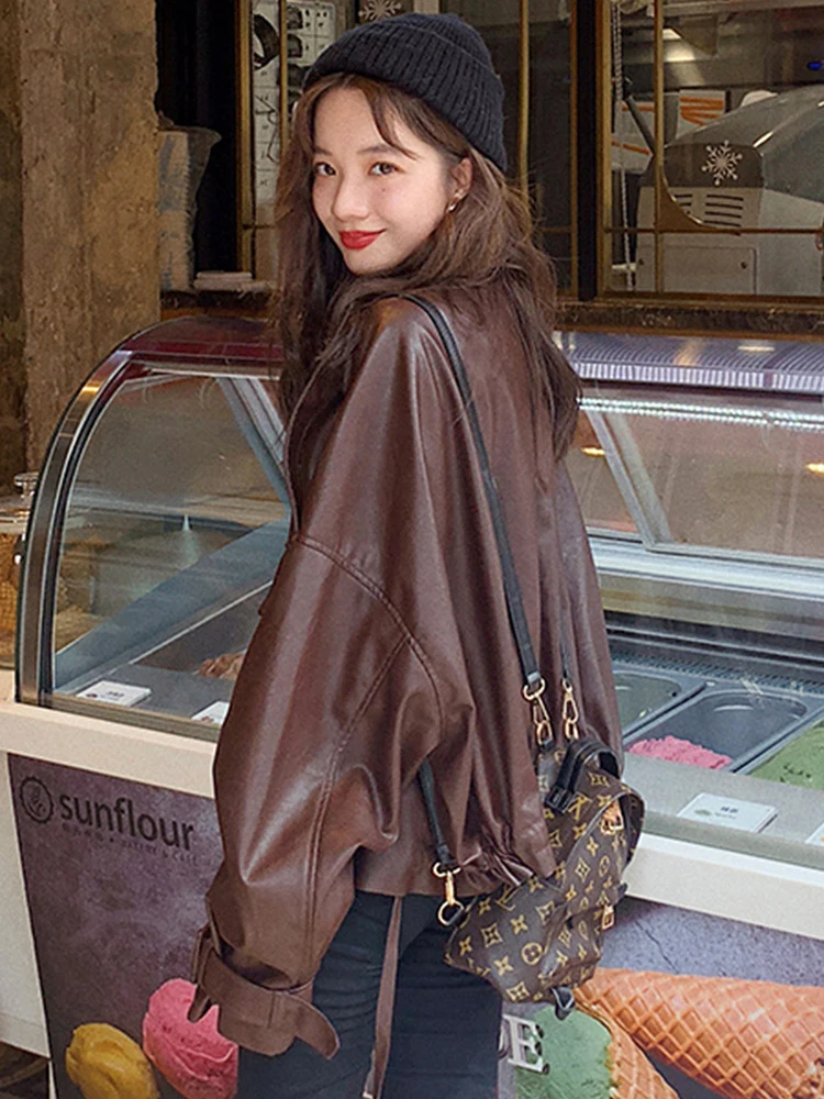 Lautaro Spring Short Oversized Brown Soft Light Faux Leather Jacket Women Long Sleeve Black Loose Autumn Korean fashion 2021