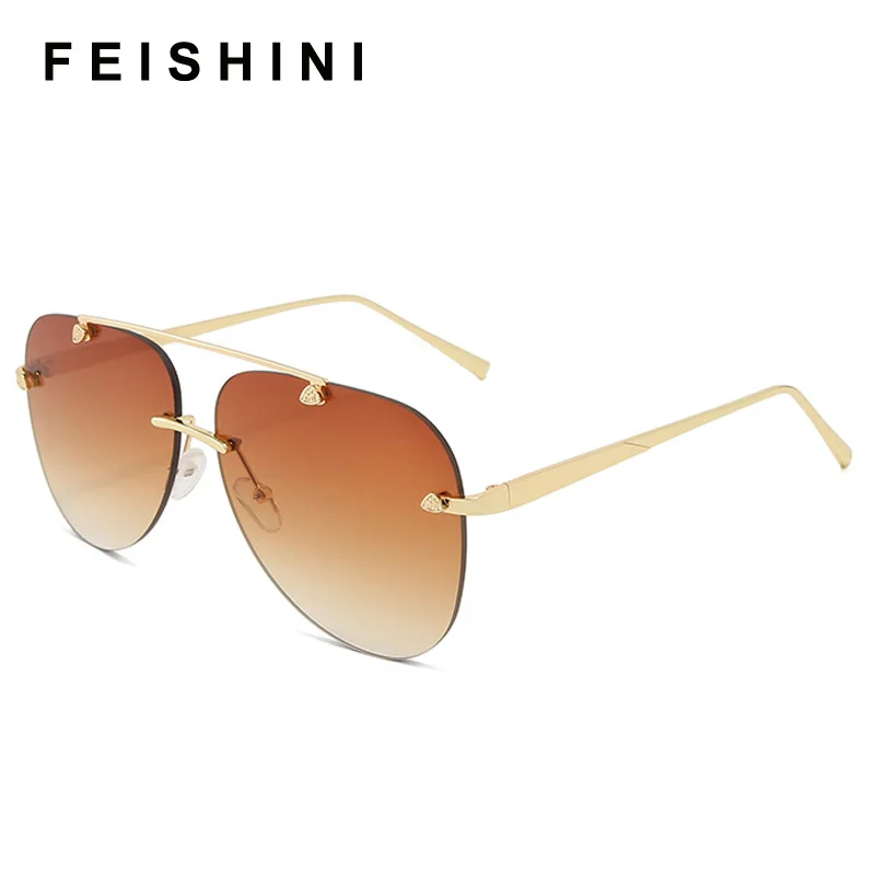 FEISHINI-gafas de sol sin montura para hombre y mujer, lentes de sol de marca de Metal con espejo, a la moda, de piloto, con protección UV y