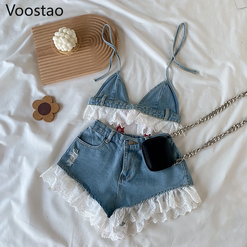 Conjuntos de shorts jeans estilo doce lolita para mulheres, bandagem sexy de renda, camisola, tops, jeans babados, calças curtas para meninas, 2 peças, verão