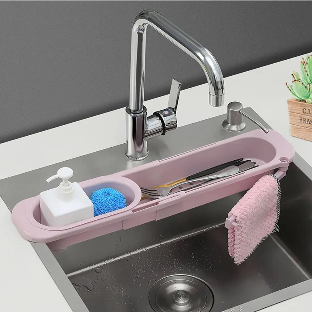 Kitchen Sink Rack Organizer Telescopic Drain Rack Dish Washing Filter Drain Storage Basket Adjustable Sponge Soap Hanging Holder