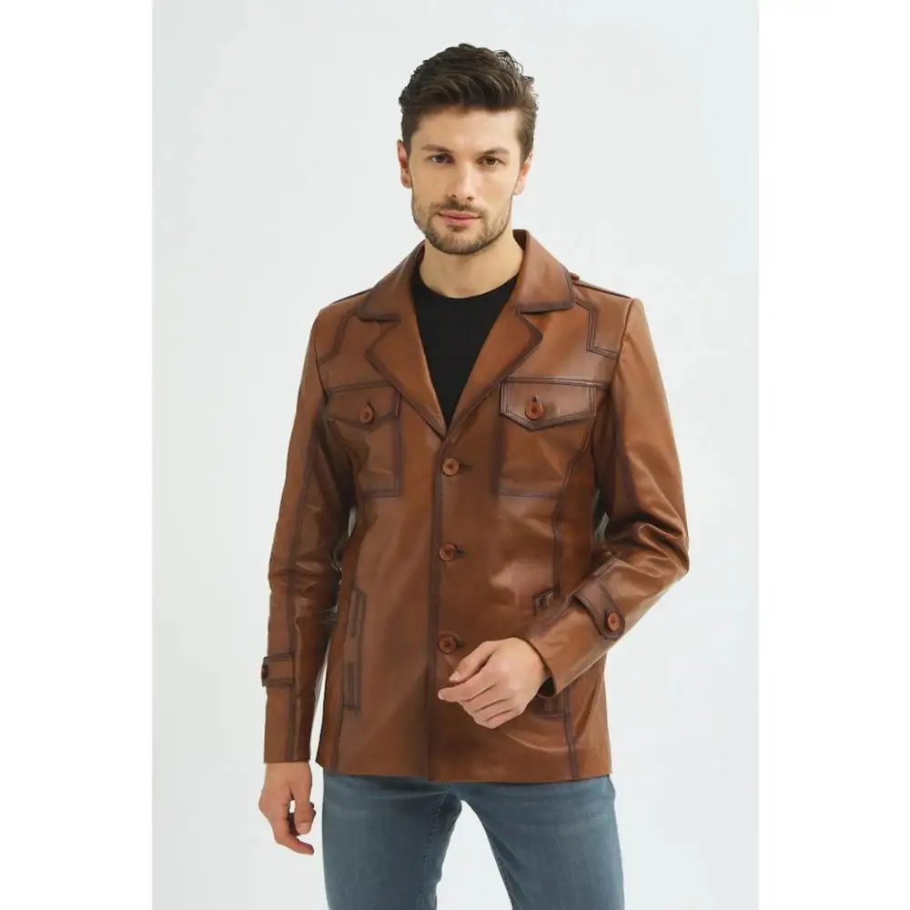 Brown Genuine Men's Leather Coats Sports Biker Jacket Autumn Spring Season Clothing Soft Sheepskin Made in Turkey