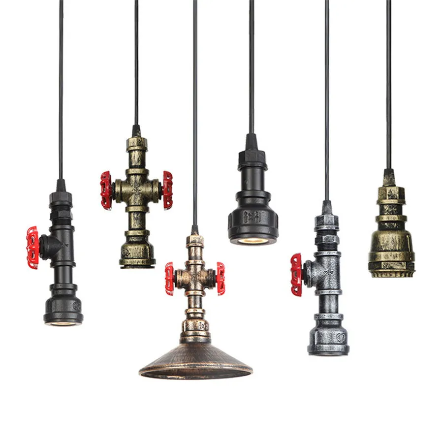 Industrial Steam Punk Iron Water Pipe Pendant Lights Holder Retro Loft Indoor Home Bar Ceiling Hanging Lamp Shade Lustres