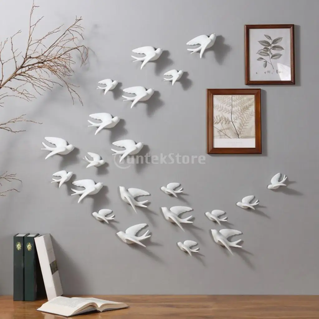 Ceramic Bird 3D Wall Decor Sculptures Flying Swallows Wall Decor Hanging Birds Sparrows Wall Sculptures Bedroom Livingroom