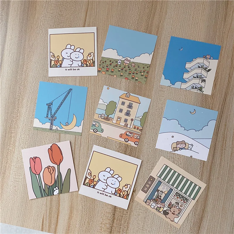 9Pcs Leuke Meisje Konijn Dubbelzijdig Decoratieve Kaart Vierkante Achtergrond Journal Album Muursticker Foto Props Briefpapier Gift