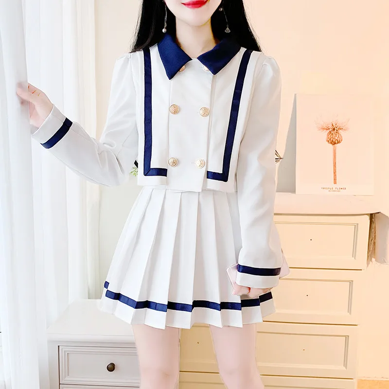 

Korean Spring New Elegant Suit Women's Double-Breasted Short Coat Jacket + High Waist A-Line Pleated Skirt Two-Piece Set