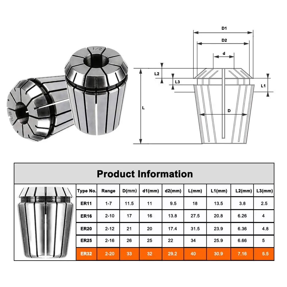 High Precision Chuck Set ER11, ER16, ER20, ER25, ER32, ER40 Lathe Accessories Suitable for Milling Cutter Taps, ER Tool Holders