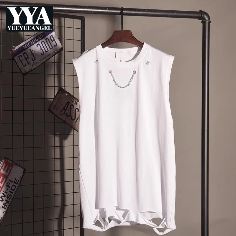 Summer High Street Loose Fit Tank Tops Men Hole Ripped Solid Color Chains Vest Round Neck Casual Pullover Sleeveless T Shirt