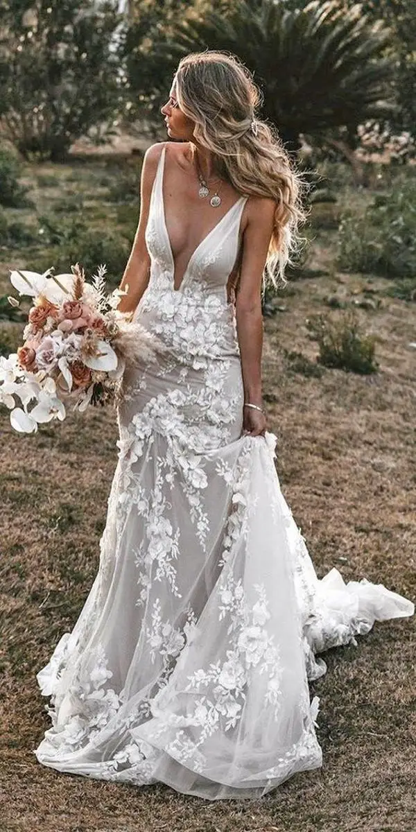 LORIE Vintage Mermaid Wedding Dresses 2024 V-neck Backless Lace Appliques 3D Flowers Country Bridal Gown Plus Size Custom Made