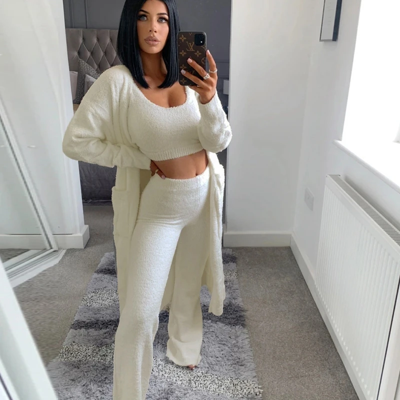 KimKarda Same Style Homewear Set Pajamas For Women Casual Sleeveless Tops and Long Pants Cozy Cardigan Fluffy INS Sleepcoat Suit