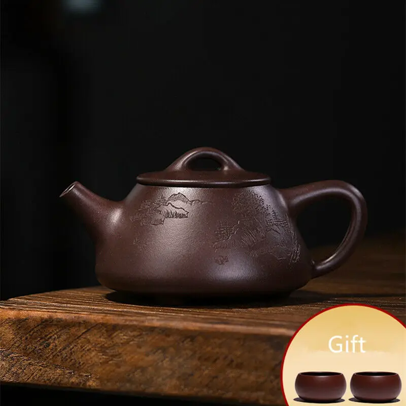 real yixing zisha tea pot handmade carved Chinese kungfu shipiao pot marked 14 infuser holes original ore purple grit tea cups