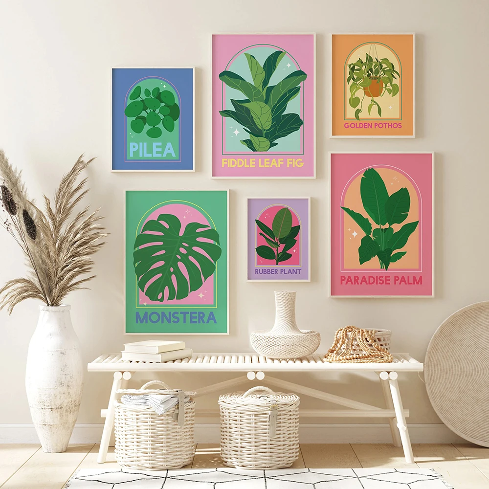 House Plants Poster Print Abstract Monstera Leaves Pilea Rubber Fiddle Leaf Canvas Painting Modern Room Wall Art Pictures Decor