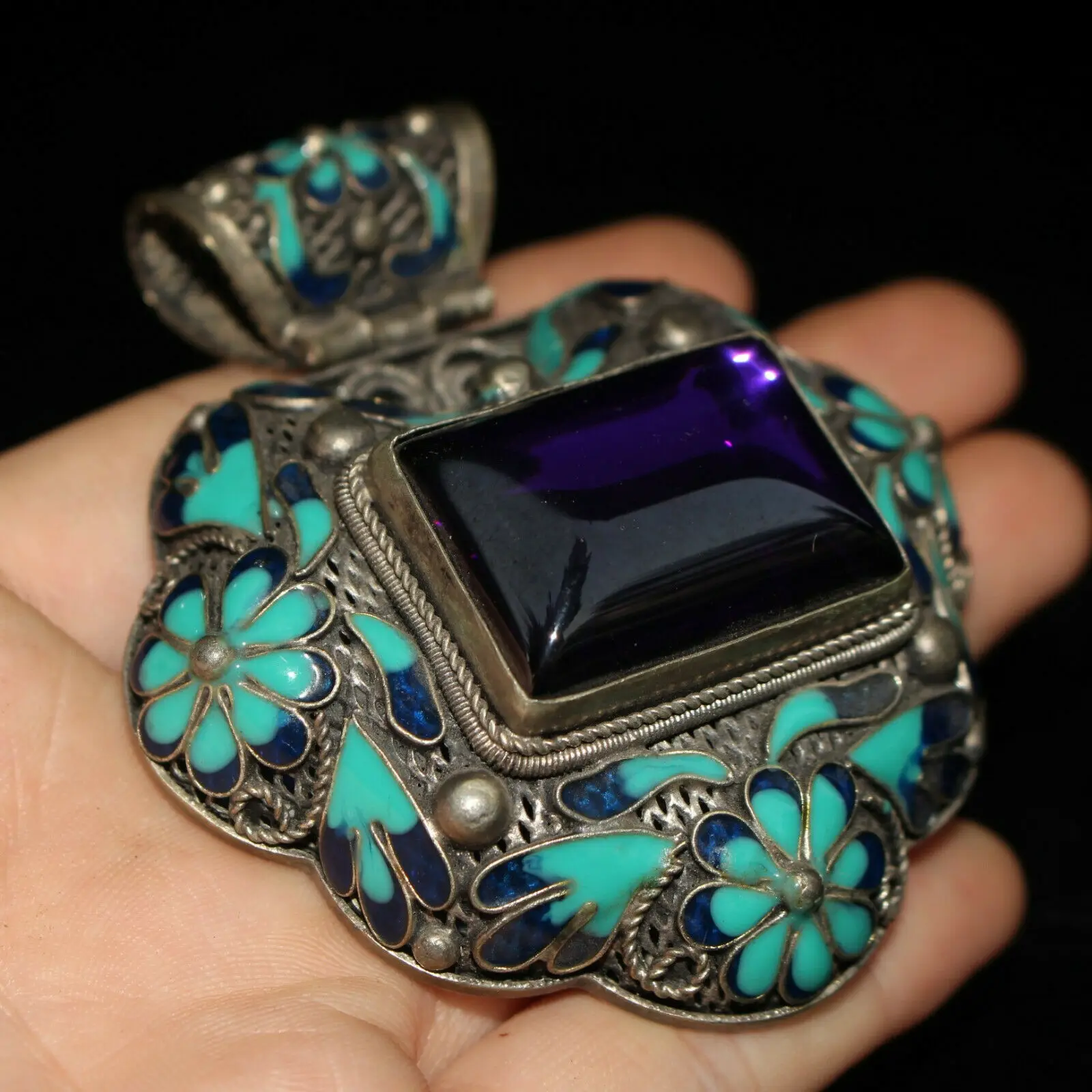 Old Tibetan Silver Cloisonne Pendant Inlaid with Zircon Chinese Vintage Craft Jewelry