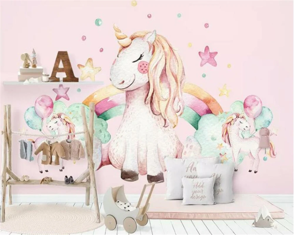 Customized 3d pink Nordic minimalist unicorn boys and girls children\'s room background wall murals Decorative 3d wallpaper