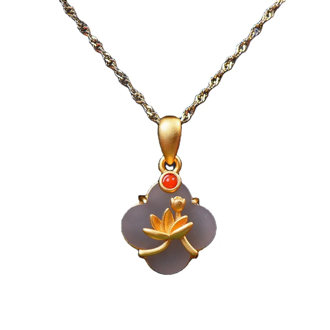 

Four-leaf Clover Necklace Luxury White Grey Nephrite Hetian Jade Silver 925 Gold Gilded for Women Lotus Flower Necklace Pendant