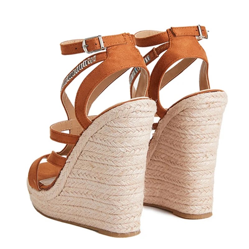 New Summer Wedge Sandals Women Straw Rope Weave Thick Bottom Platform High Heels Fashion Open Toe Buckle Strap Rhinestone Shoes