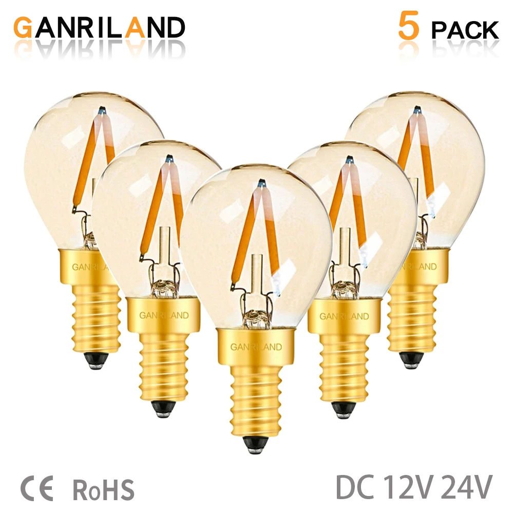 

GANRILAND E12 E14 Base G40 1W Low Voltage Light Bulbs Gold Tint Glass Led Filament Warm White 2200K Solar Battery Camping Bulb