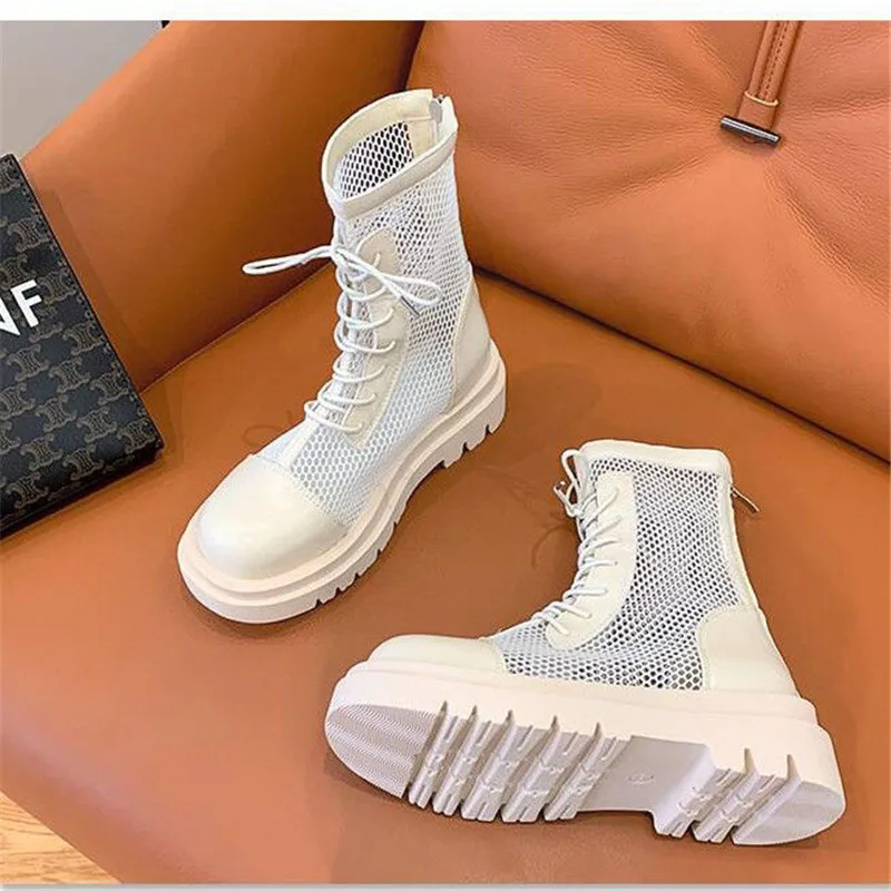 Summer Mesh Boots Women Fashion Lace Up Ankle Boots Woman Shoes Black Sandals Hollow Breathable Zipper Socks Boots Square Heel