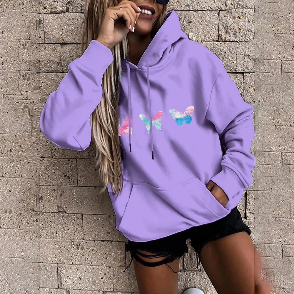 Hoodie feminino camisola de manga comprida harajuku pulôver simples borboleta impressão solta bolso oversized hoodies menina estudante