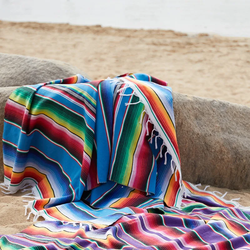 

Ethnic Stripe Beach Picnic Blanket Towel with Tassels Throw Rug Mexican Style Striped Blanket for Sofa Bed Tablecloth Handmade