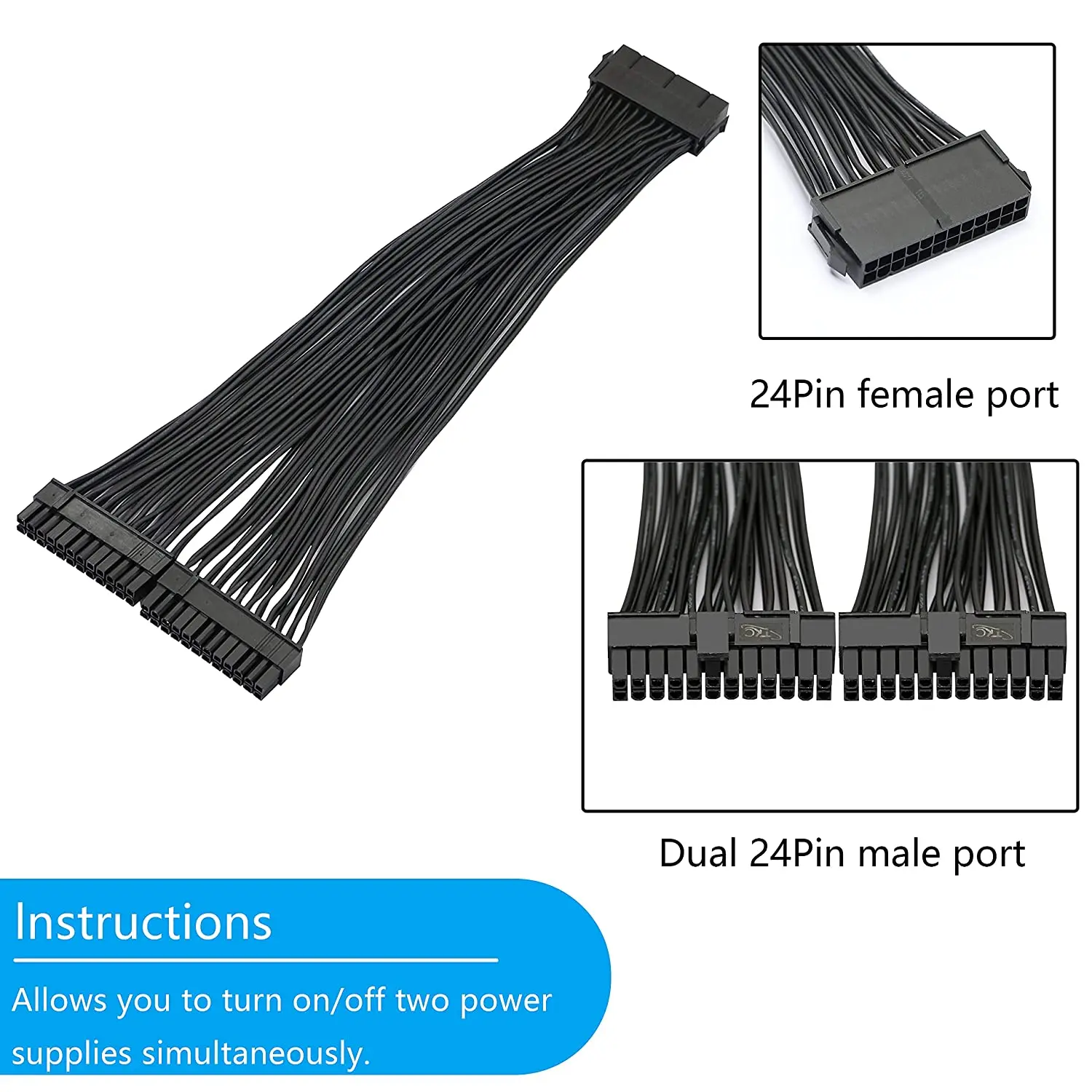 Dual PSU Power Supply 24 pin ATX Motherboard Splitter Cable ATX Motherboard Extension Cable PSU Female to Male Y Adapter Cable