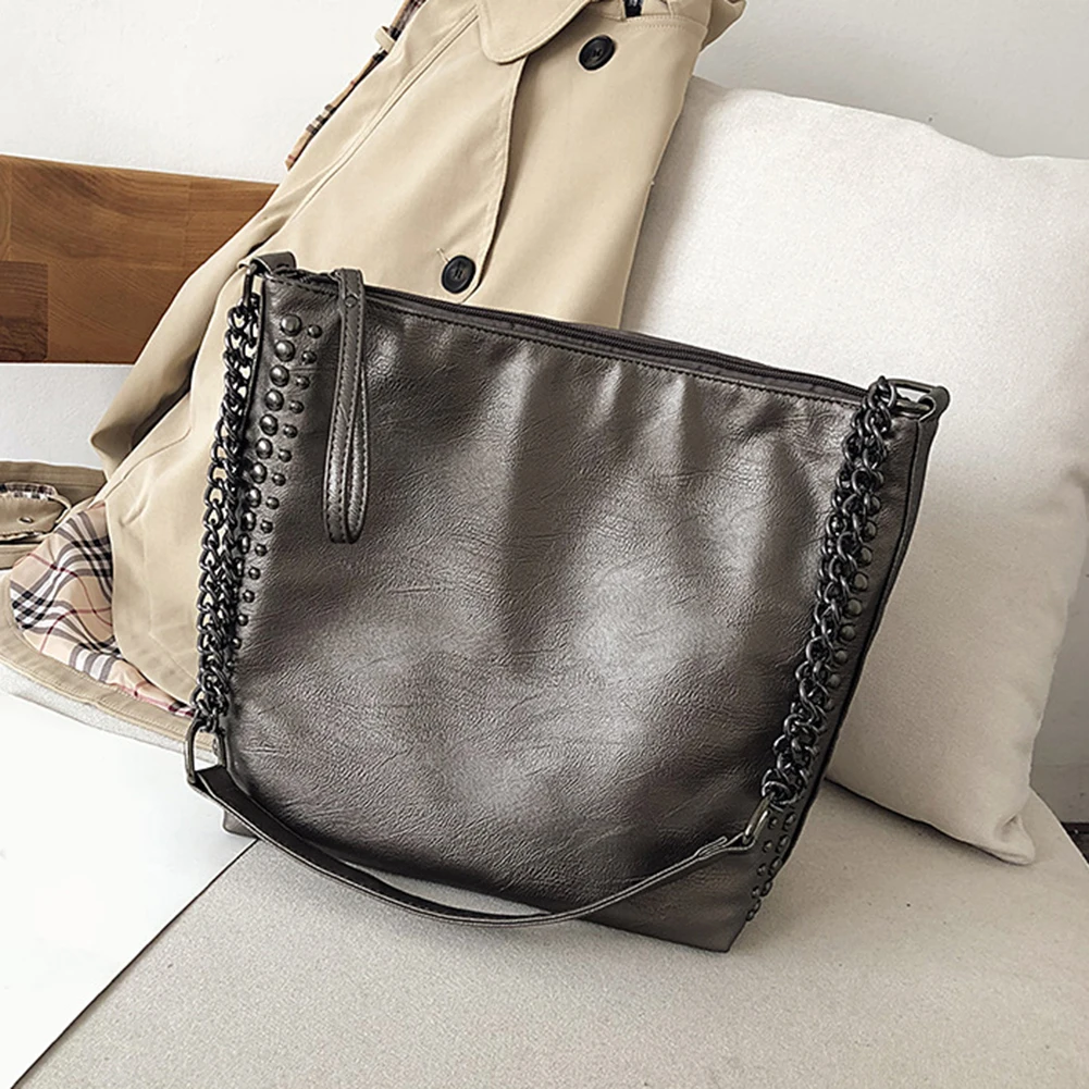 Casual Women Solid Color Rivet Chain Shoulder Bag Faux Leather Crossbody Pouch Faux Leather with Chain &Rivet Women Shoulder Bag