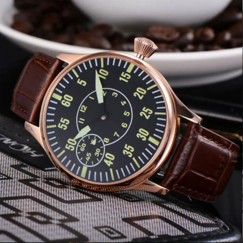 Corgeut 44mm Mens Wristwatch Luminous Rosegold Case Green Number 3600 Hand Winding Movement Mechanical Fashion Watch 6497