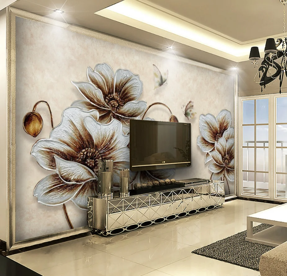 Customized 3D three-dimensional elegant golden poppy butterfly living room bedroom background wall stickers decorative wallpaper