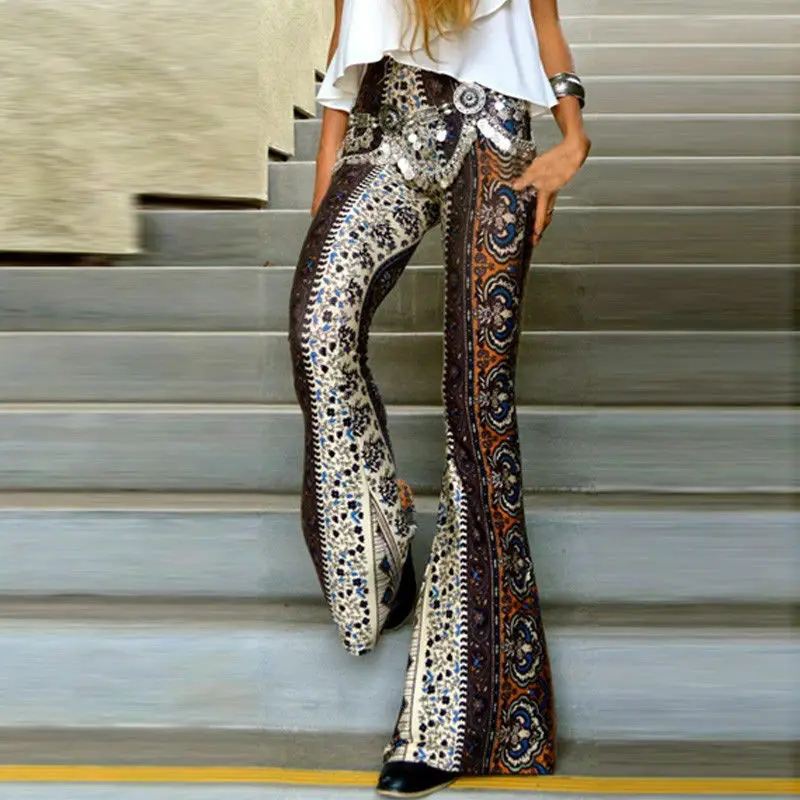 Summer Women Boho Sexy Slim Leisure Trousers Loose Hippie High Waist Printed Wide Leg Long Flared Bell Bottom Pants