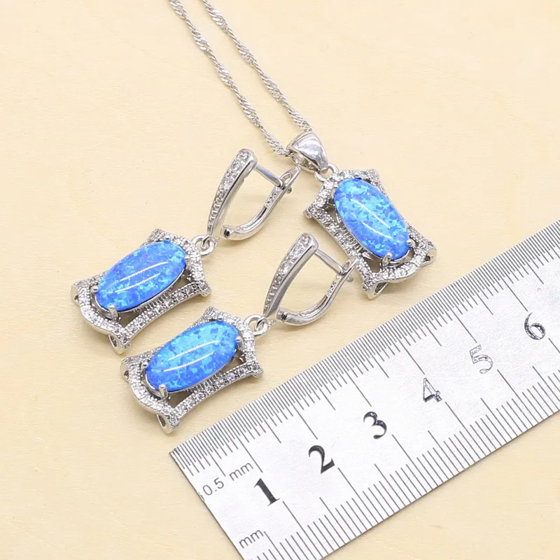 Luxury 925 Silver Blue Opal Bridal Jewelry Sets Rings Earrings Bracelets Pendant Wedding Necklace For Women