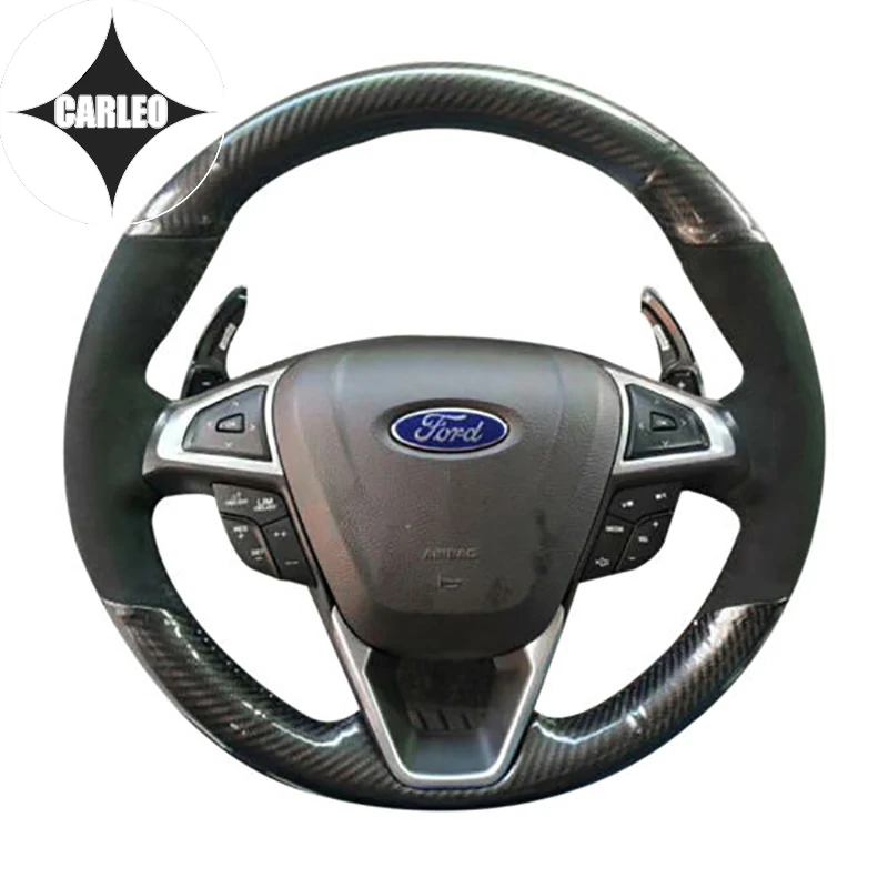 

DIY Car Steering Wheel Cover for Ford Fusion Black Carbon Fiber&Genuine Suede Leather Custom Hand Stitching Holder