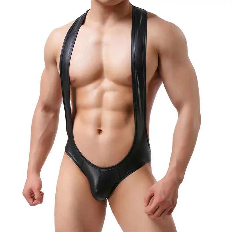 Sexy Men Undershirts Leotard Faux Leather Black Bodysuits Jockstrap Erotic Open Butt Wetlook Latex Jumpsuit Thongs Gay Underwear