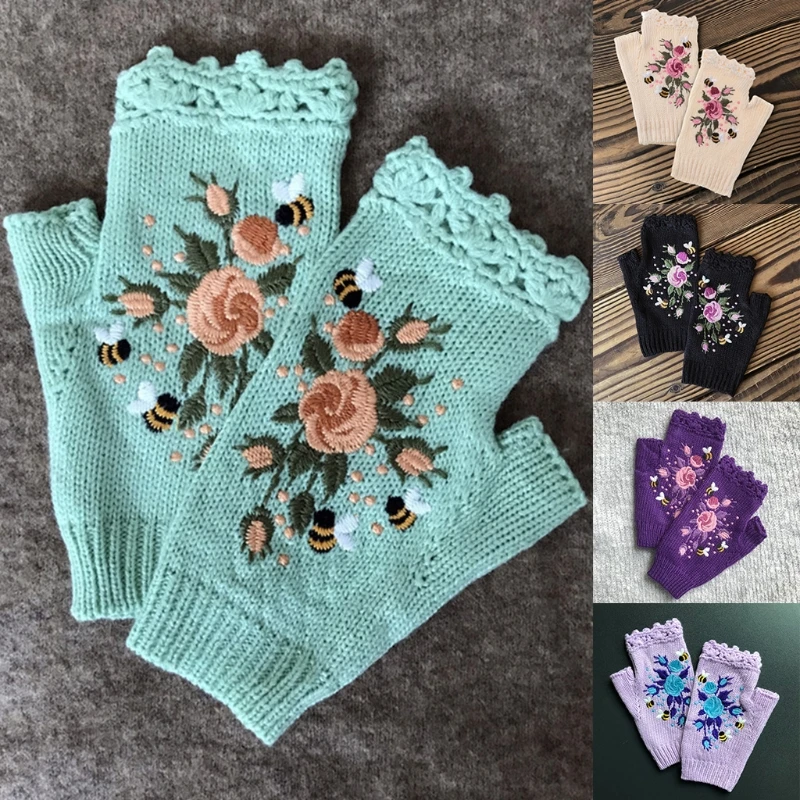 Guantes de punto sin dedos para mujer, manoplas con bordado Floral de abeja, con agujero para el pulgar, invierno, 649C