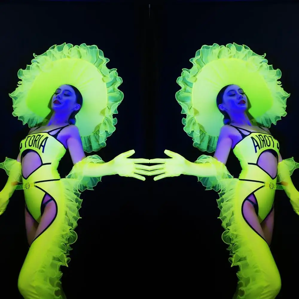 Nightclub Bar Fluorescent Green Bodysuit Crotch Pants Pole Dance Outfit Opening Show Wear Dj Ds Women Gogo Stage Costumes DN5943