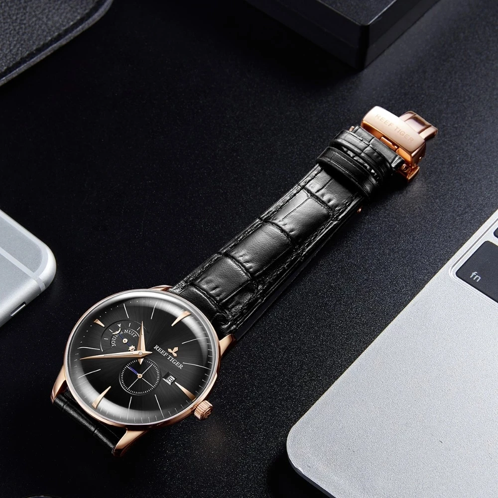 Reef Tiger/RT Роскошные повседневные мужские механические часы из натуральной кожи Водонепроницаемые сапфировые автоматические часы Relogio Masculino