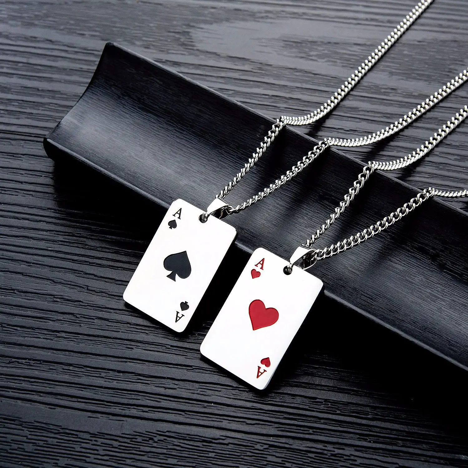 JIALY Couples 316L Stainless Seel Black/Red Spades Lucky Poker Charm Pendant Necklace Chain For Women Men Punk Jewelry