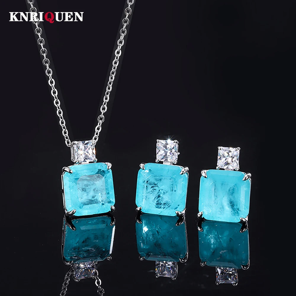 Vintage 100% 925 Sterling Silver 12*12mm Paraiba Tourmaline Necklace Pendant Earrings for Women Charms Wedding Fine Jewelry Sets